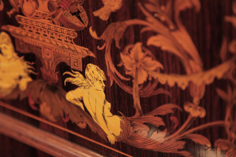Ascherburg inlaid front panel detail of a female mermaid  reclining beneath an urn surrounded by hibiscus flowers and acanthus leaves