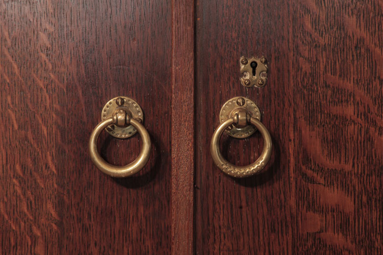 Broadwood punched, circular brass handles and Fleur-de-Lys key escutcheon
