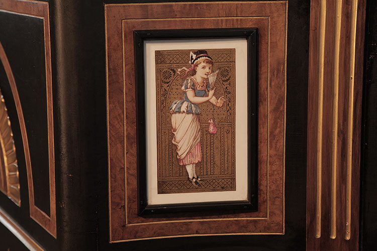 Hand-painted porcelain tile mounted on piano cabinet edged with a black border and gold embossed, patterned background. Tile depicts a a coy girl with a black hat holding a fan and purse