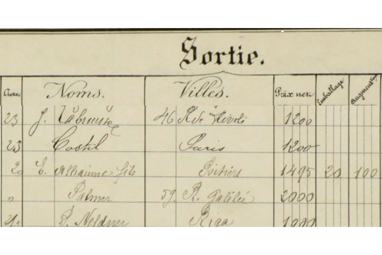 A snapshot from Pleyel company records that states this Pleyel grand piano serial number 100885 was sent to J Labrousse (a piano shop), 46 Rue Rivoli in Paris on 5th August 1893