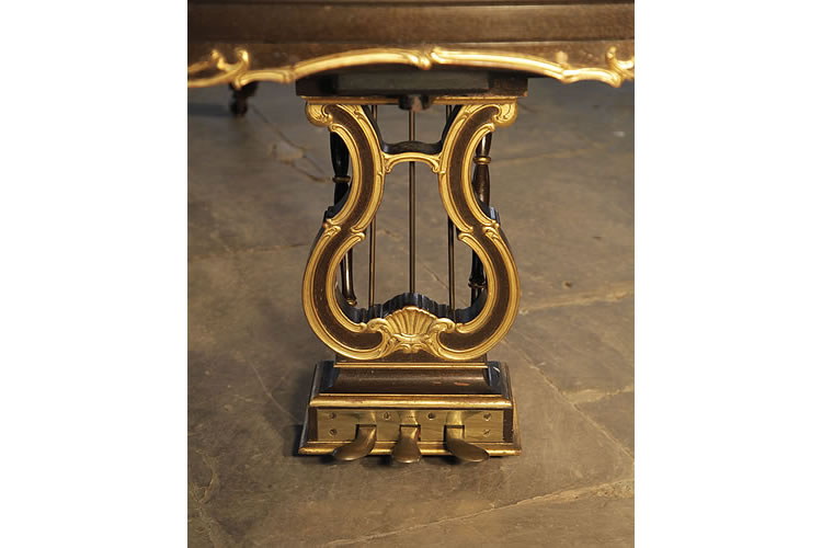 Steinway Model B three-pedal piano lyre in a scrolling S-curve acanthus design with gilt detail and brass footplate