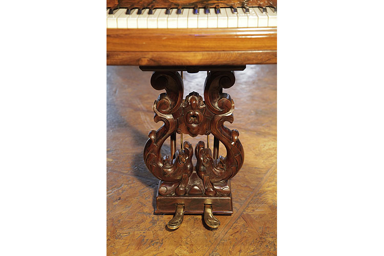 Steinway Model D two-pedal piano lyre featuring carved fish, C scrolls and a central cartouche