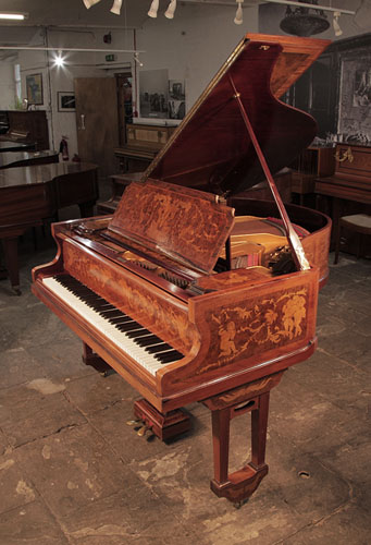 Golden Age of Pianos. Restored, 1913, Lipp baby grand piano with a walnut case. Entire cabinet inlaid with cherubs, figures and neoclassical motifs.