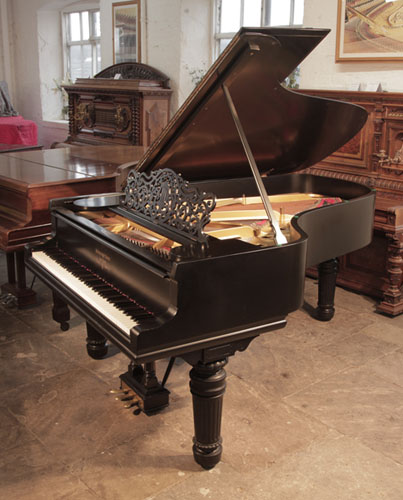 Golden Age of Pianos. Reconditioned, 1900, Steinway Model B grand piano with a satin, black case and fluted, barrel legs