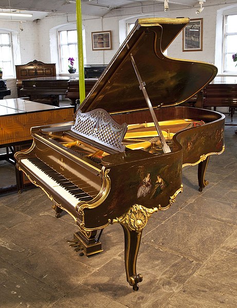 A 1904, Rococo Style, Steinway Model B grand piano for sale with an ornately carved, case with gilt accents and scroll foot cabriole legs. Entire cabinet features exquisite hand-painted scenes in fete galante style.