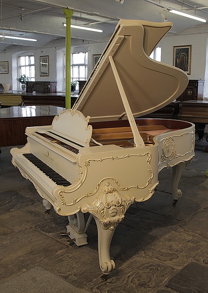 Rococo Style,  Steinway Model O grand piano for sale with an off-white case and ornately carved, cabriole legs.