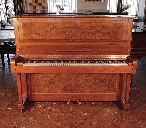 The Golden Age of Pianos. Reconditioned, 1939, Steinway Model V upright piano for sale with a polished, figured walnut case and brass fittings