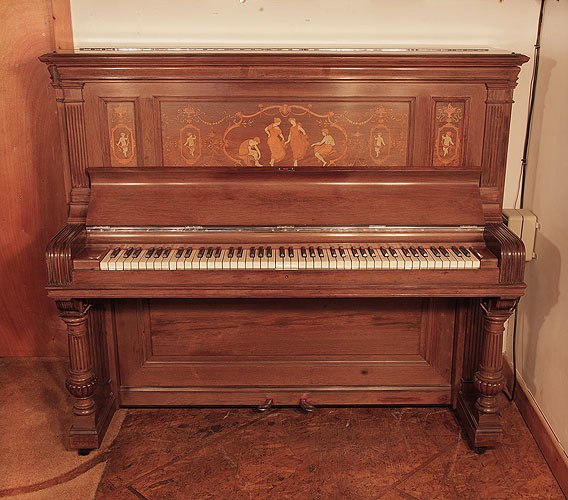 Golden Age of Pianos. Restored, 1890, Steinway upright piano for sale with a rosewood case and panels inlaid with dancing ladies, flowers, festoons and fluttering ribbons.