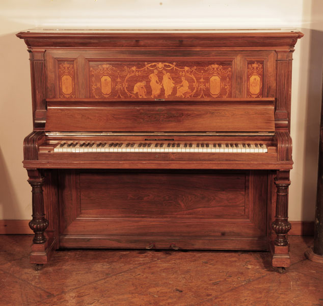 econditioned, 1894, Steinway upright piano for sale with a polished, rosewood case and panels inlaid in with dancing ladies and putti. 
