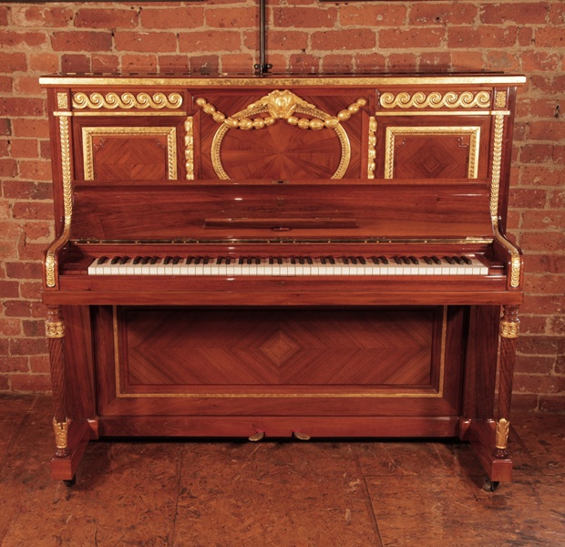 A 1912, Steinway Vertegrand upright piano for sale with a quartered walnut case. Commissioned for RMS Olympic Liner. Design by Aldam Heaton & Co